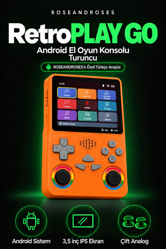 RetroPLAY GO Turuncu — Türkçe arayüz; gerçek renkler ve dekoratif analog stickerları