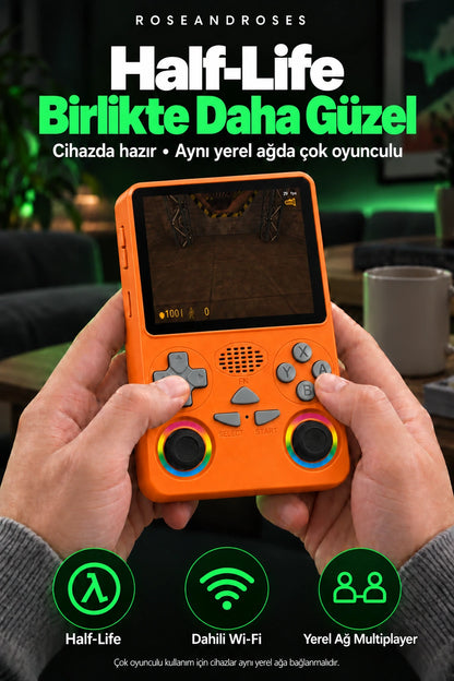 RetroPLAY GO Turuncu — Half-Life ve aynı ağda multiplayer; gerçek renkler ve dekoratif analog stickerları