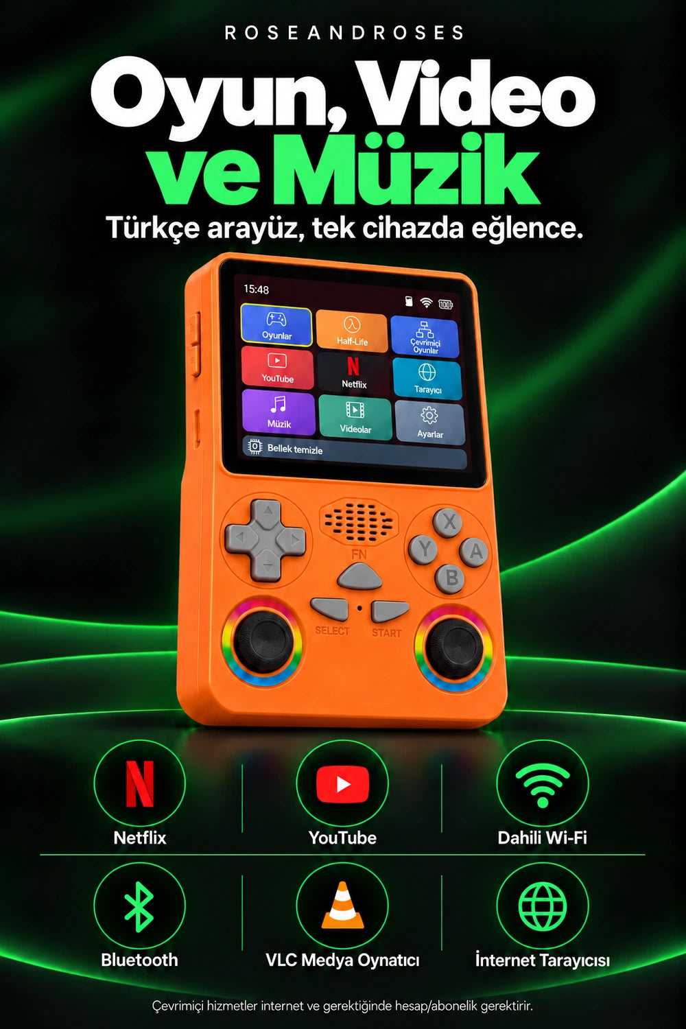 RetroPLAY GO Turuncu — Netflix YouTube Wi-Fi Bluetooth VLC ve tarayıcı; gerçek renkler ve dekoratif analog stickerları