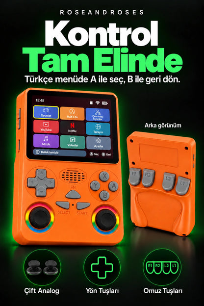 RetroPLAY GO Turuncu — Fiziksel kontroller; gerçek renkler ve dekoratif analog stickerları