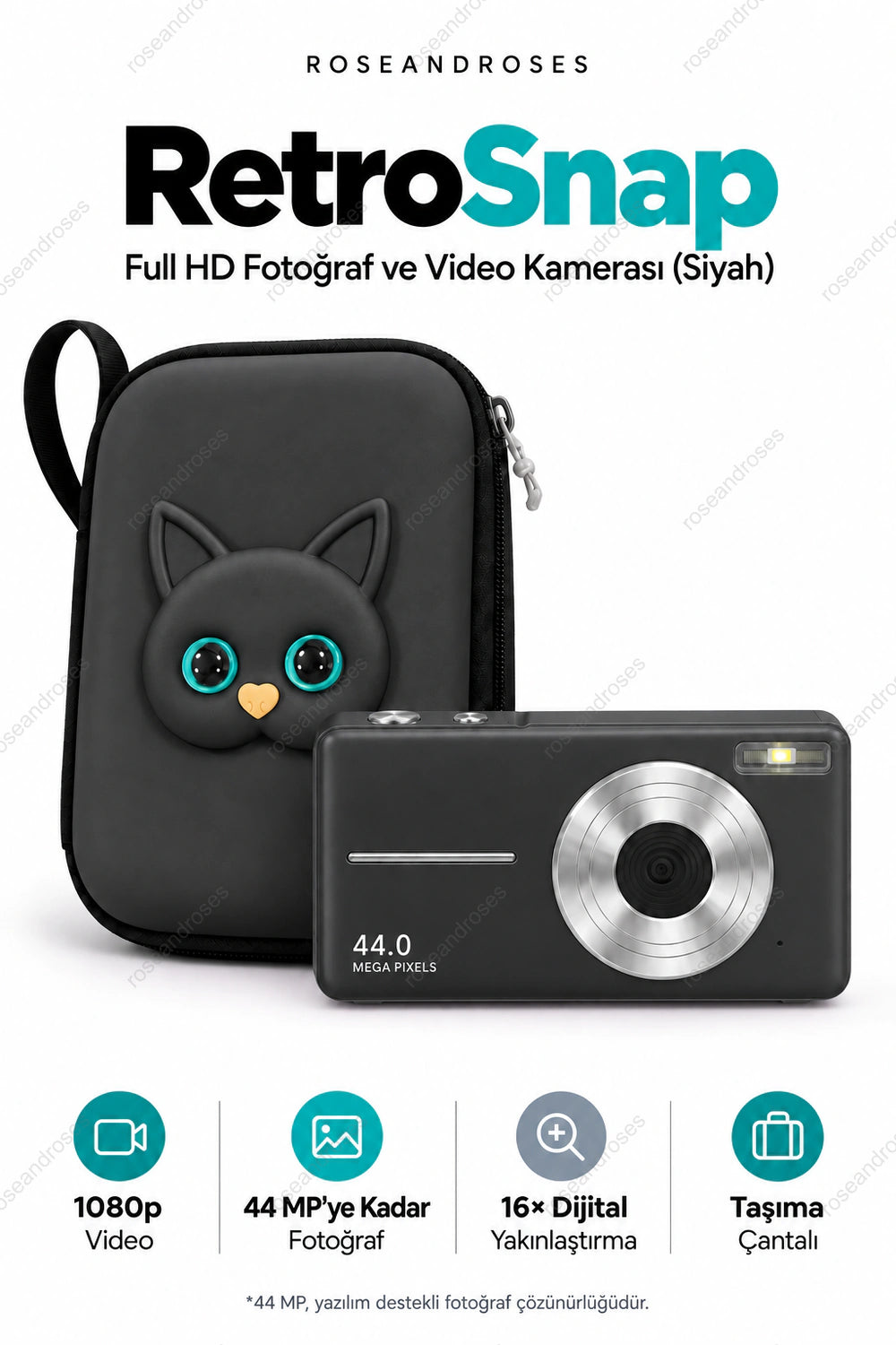 RetroSnap siyah Full HD dijital kamera ve turkuaz gözlü kedi figürlü siyah taşıma çantası