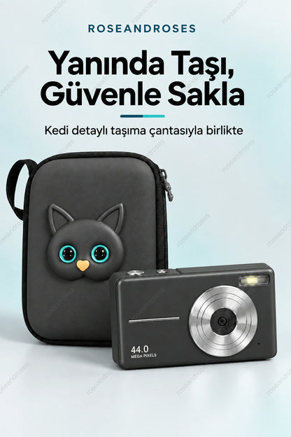 RetroSnap siyah kompakt fotoğraf ve video kamerası ile siyah kedi detaylı koruyucu çanta