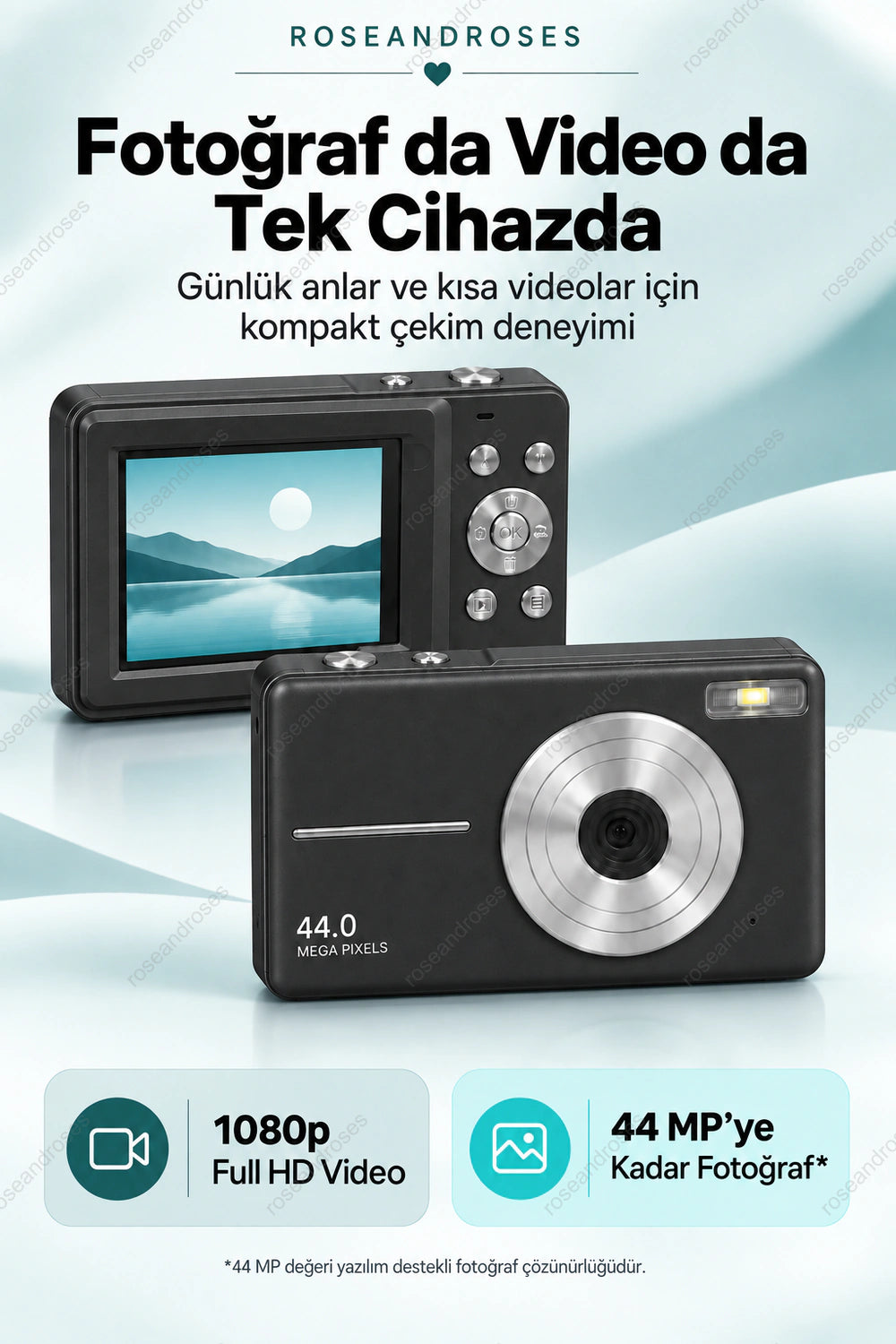 RetroSnap siyah kameranın gerçek tuş düzeniyle ön ve arka görünümü, Full HD video ve interpolasyonlu fotoğraf