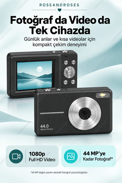 RetroSnap siyah kameranın gerçek tuş düzeniyle ön ve arka görünümü, Full HD video ve interpolasyonlu fotoğraf