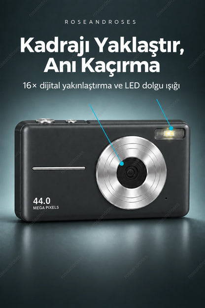 RetroSnap siyah kamerada 16 kat dijital yakınlaştırma ve LED dolgu ışığı
