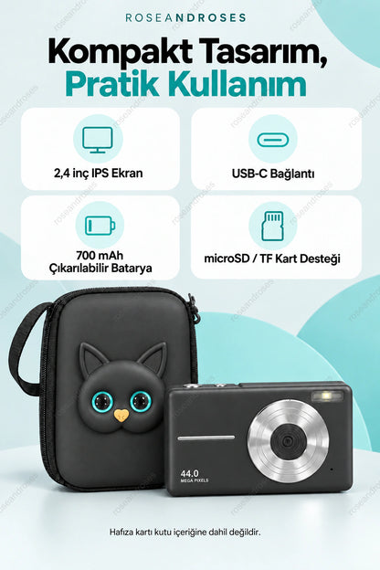 RetroSnap siyah kamera: IPS ekran, USB-C, çıkarılabilir batarya ve microSD TF kart desteği