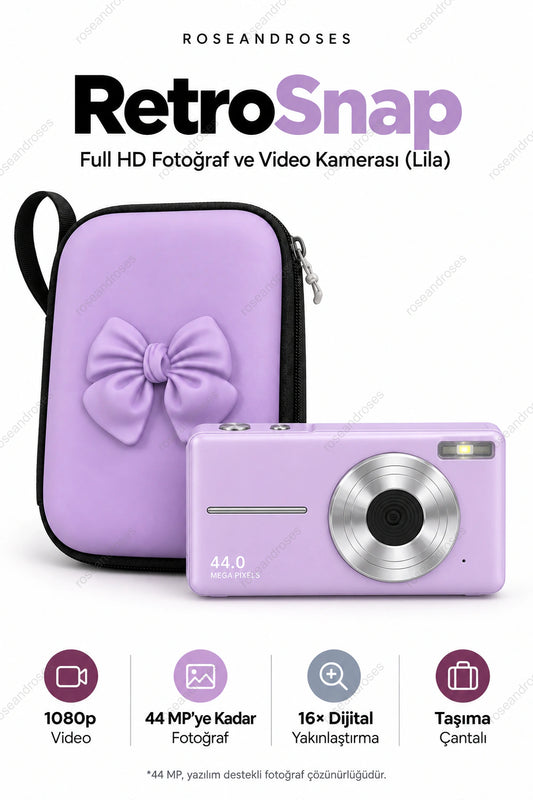 RetroSnap Lila kamera ve fiyonk detaylı taşıma çantası