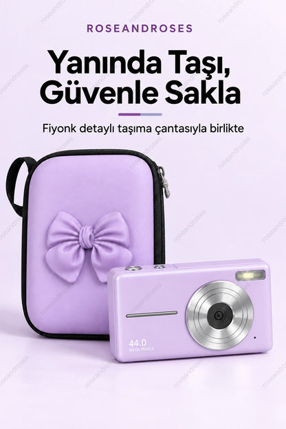 RetroSnap Lila kamera ve uyumlu koruyucu çantası