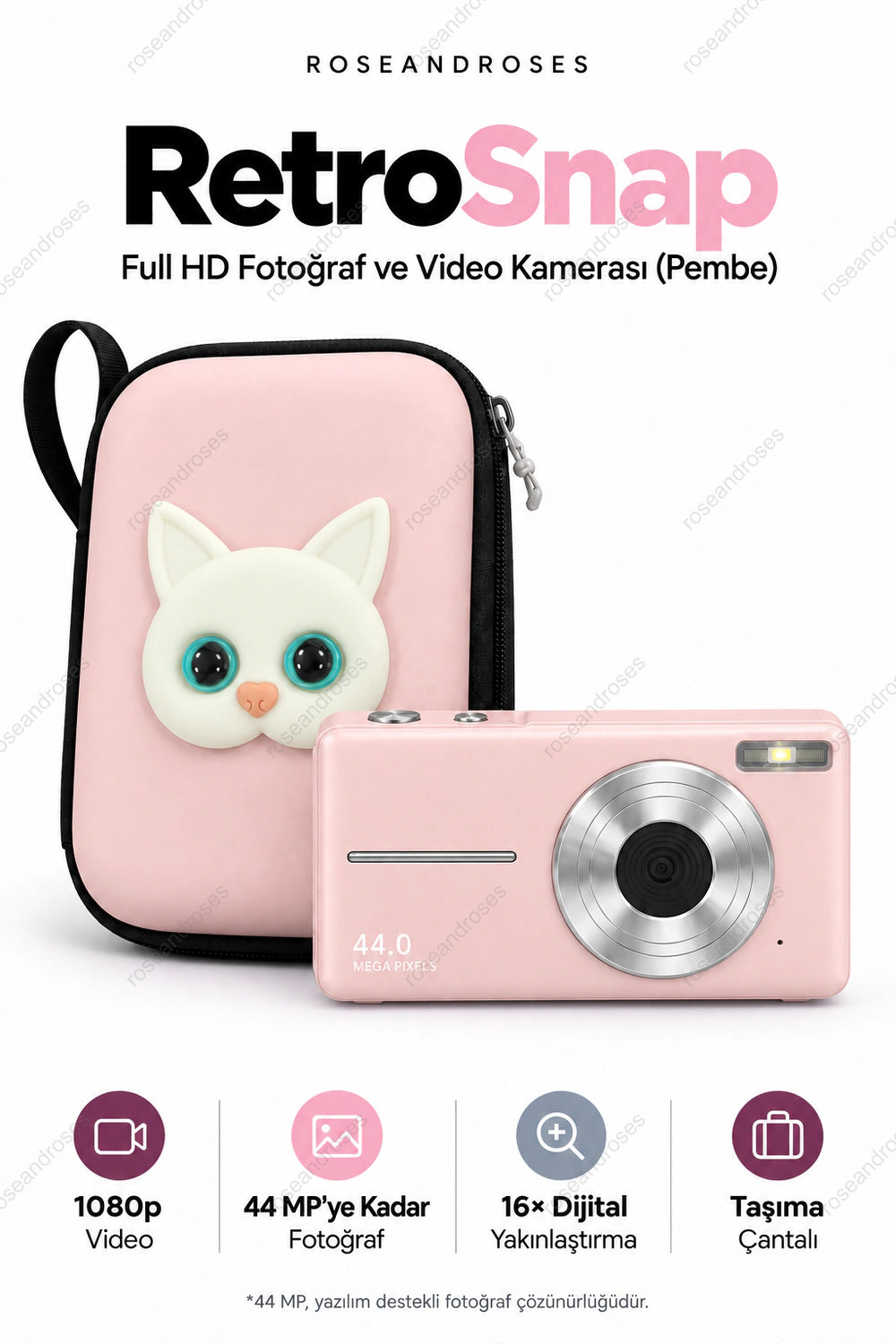 RetroSnap pembe Full HD dijital kamera ve kedi figürlü pembe taşıma çantası