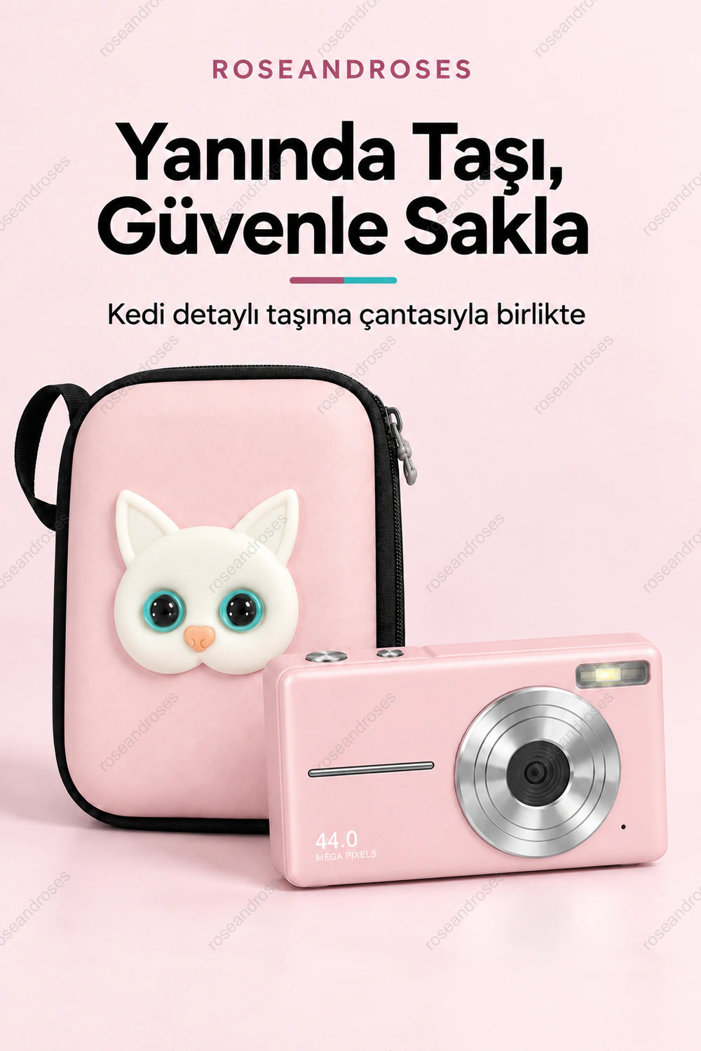 RetroSnap pembe kompakt fotoğraf ve video kamerası ile kedi figürlü taşıma çantası