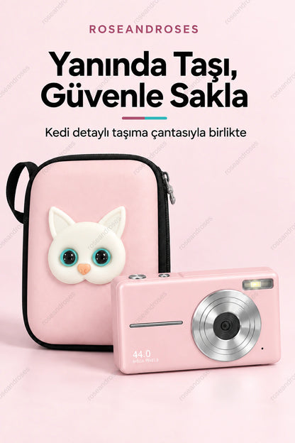 RetroSnap pembe kompakt fotoğraf ve video kamerası ile kedi figürlü taşıma çantası