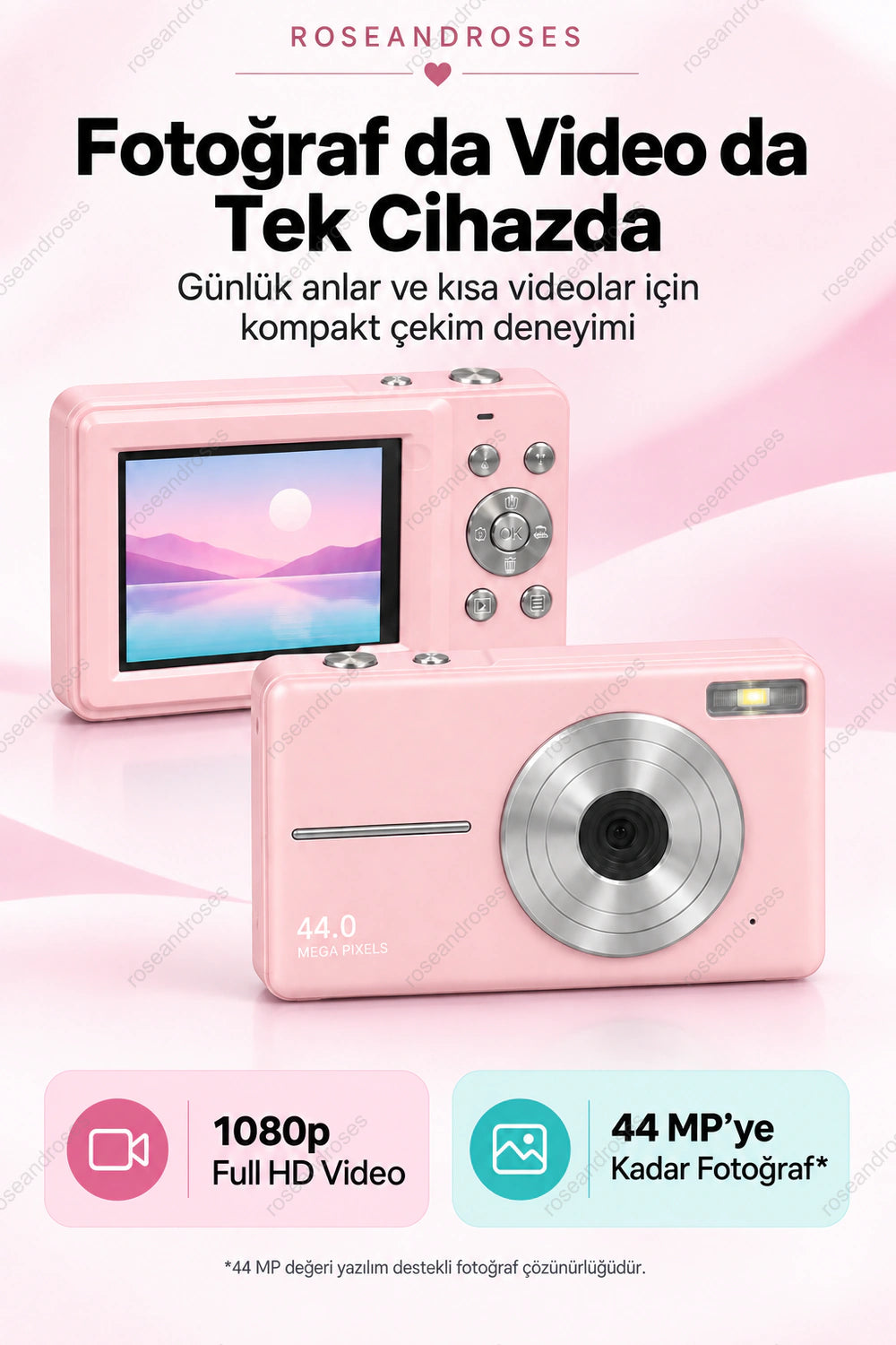 RetroSnap dijital kameranın ön ve arka görünümü ile Full HD video özellikleri