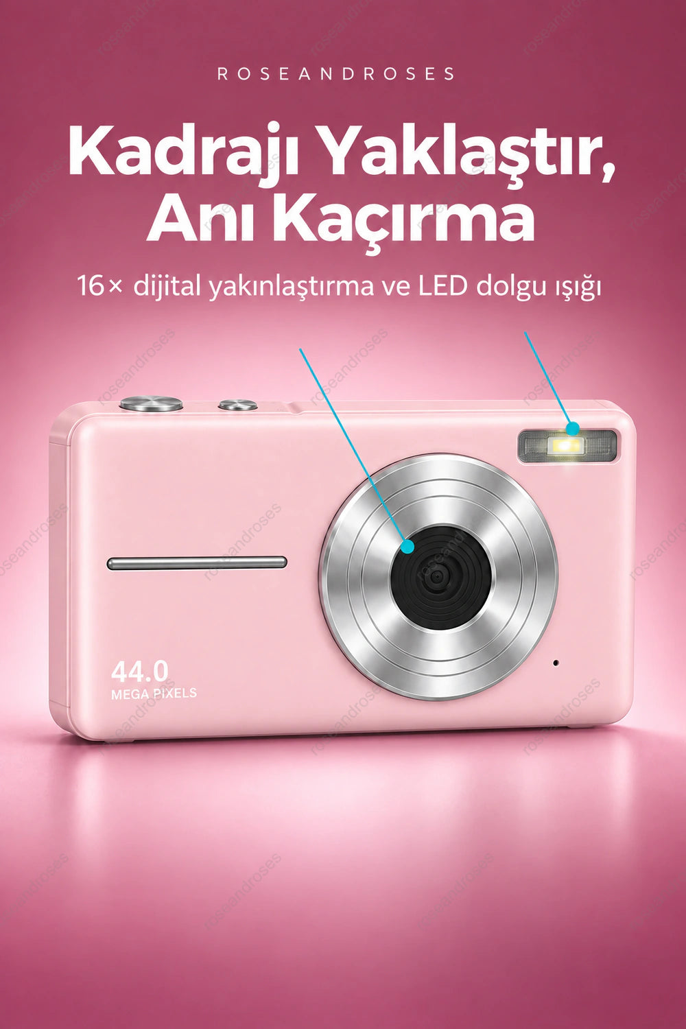 RetroSnap pembe kameranın 16 kat dijital yakınlaştırma ve LED dolgu ışığı