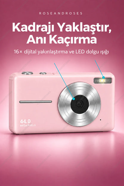 RetroSnap pembe kameranın 16 kat dijital yakınlaştırma ve LED dolgu ışığı