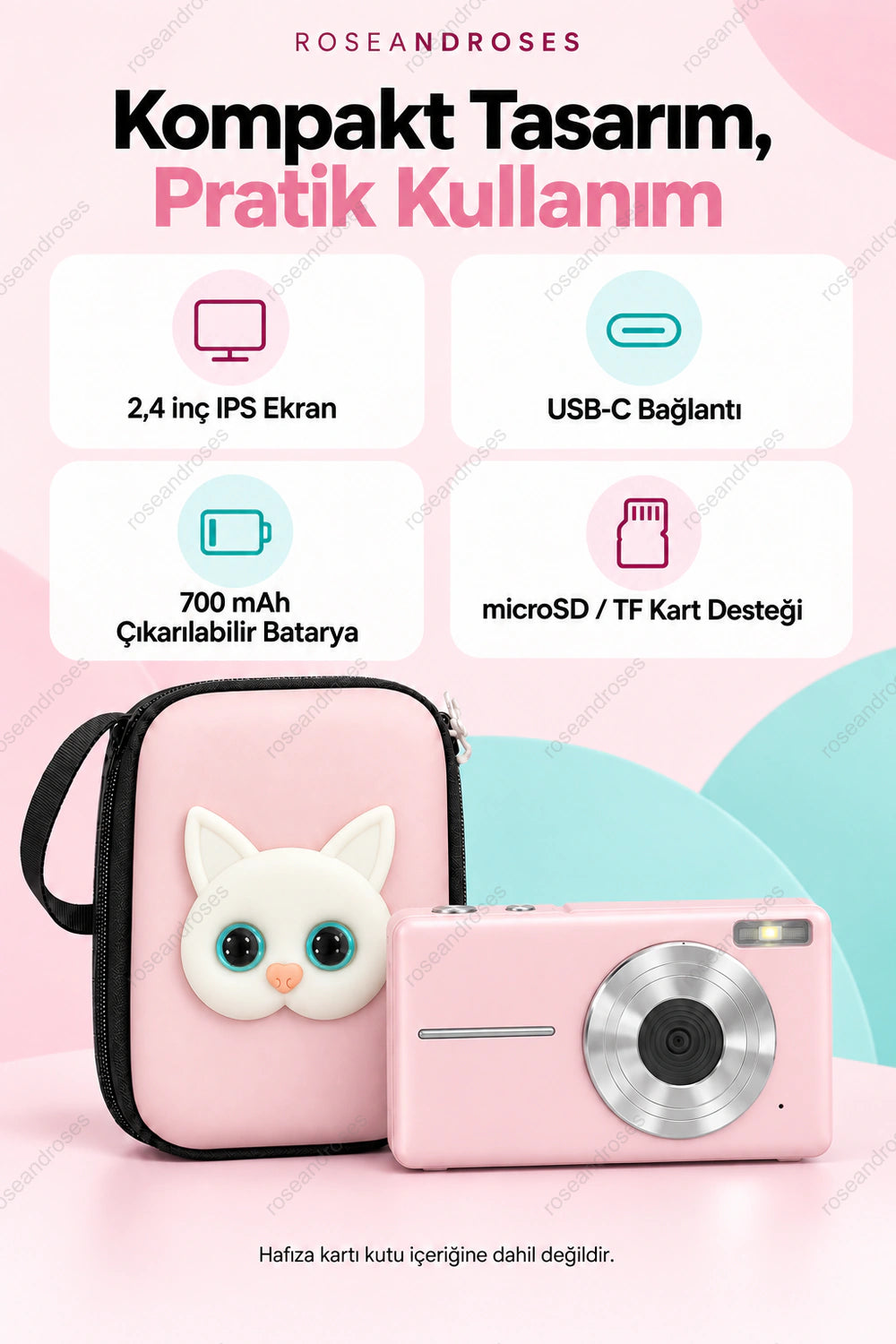 RetroSnap pembe kameranın ekran USB-C batarya ve microSD kart desteği