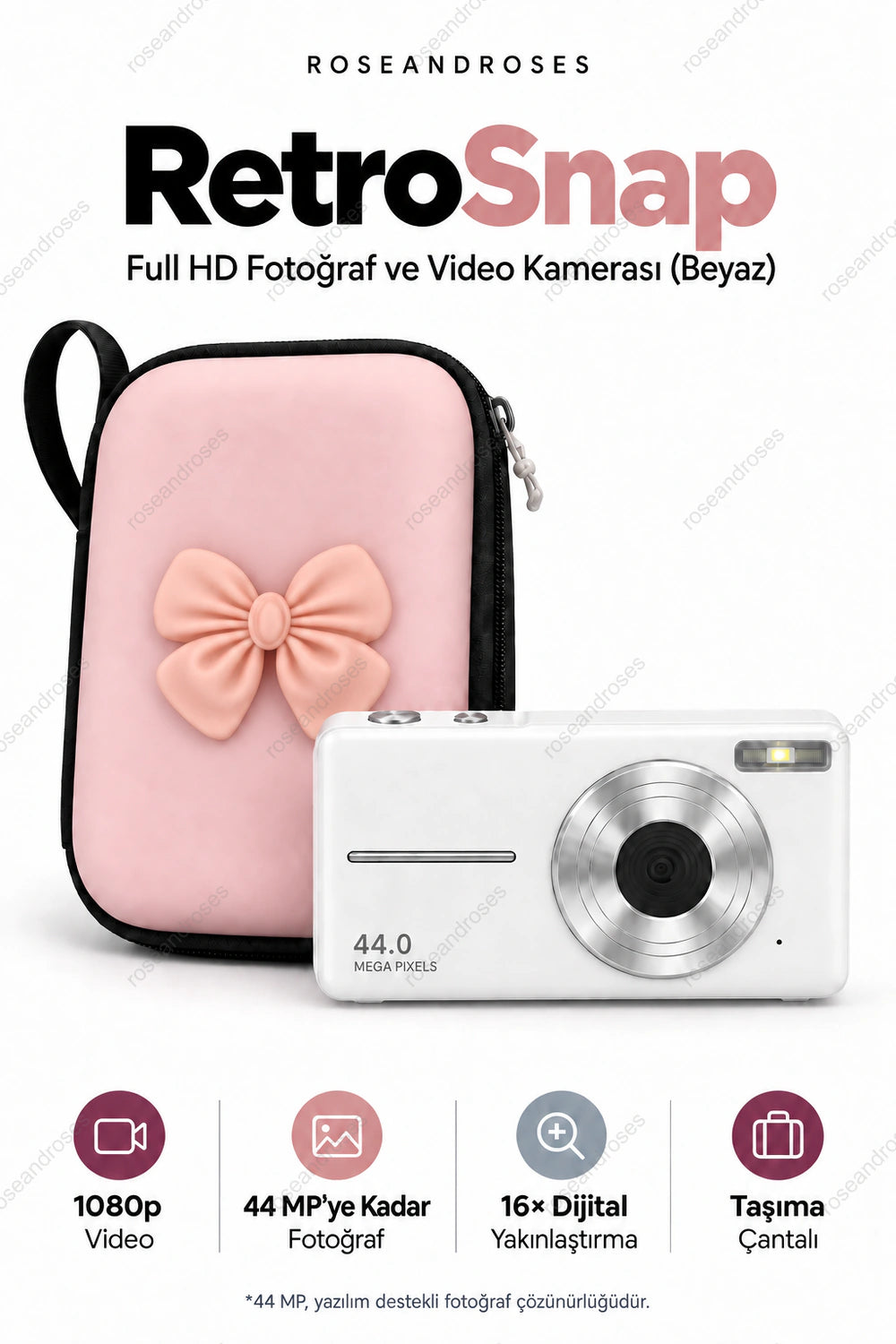 RetroSnap Full HD Fotoğraf ve Video Kamerası – Taşıma Çantalı (Beyaz)