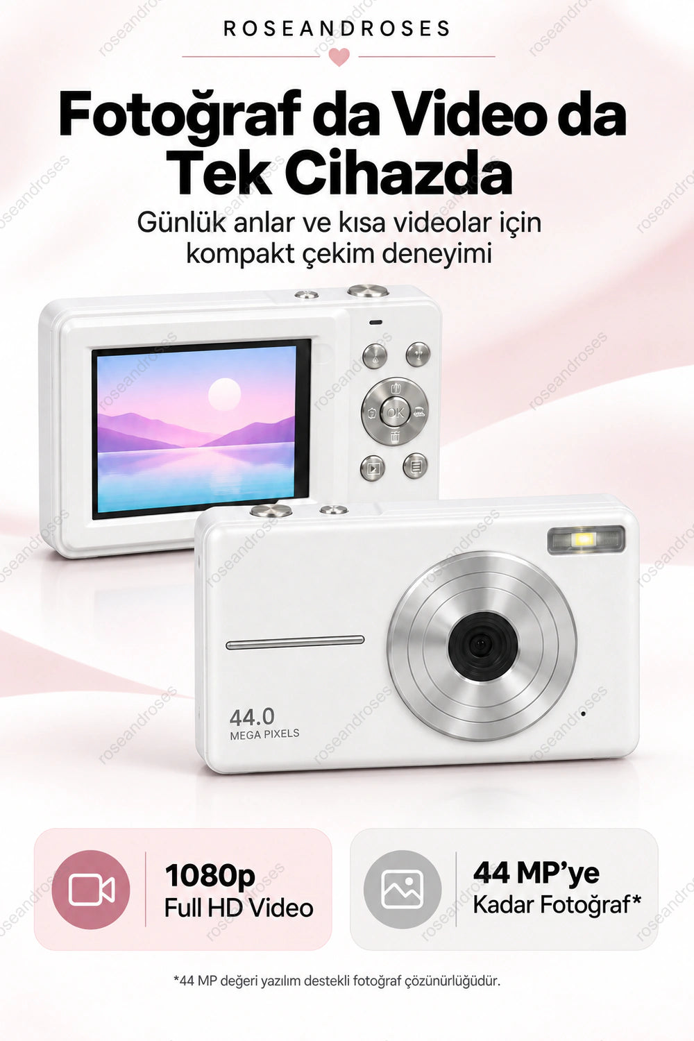 RetroSnap Beyaz kameranın ön ve arka görünümü, fotoğraf ve video özellikleri