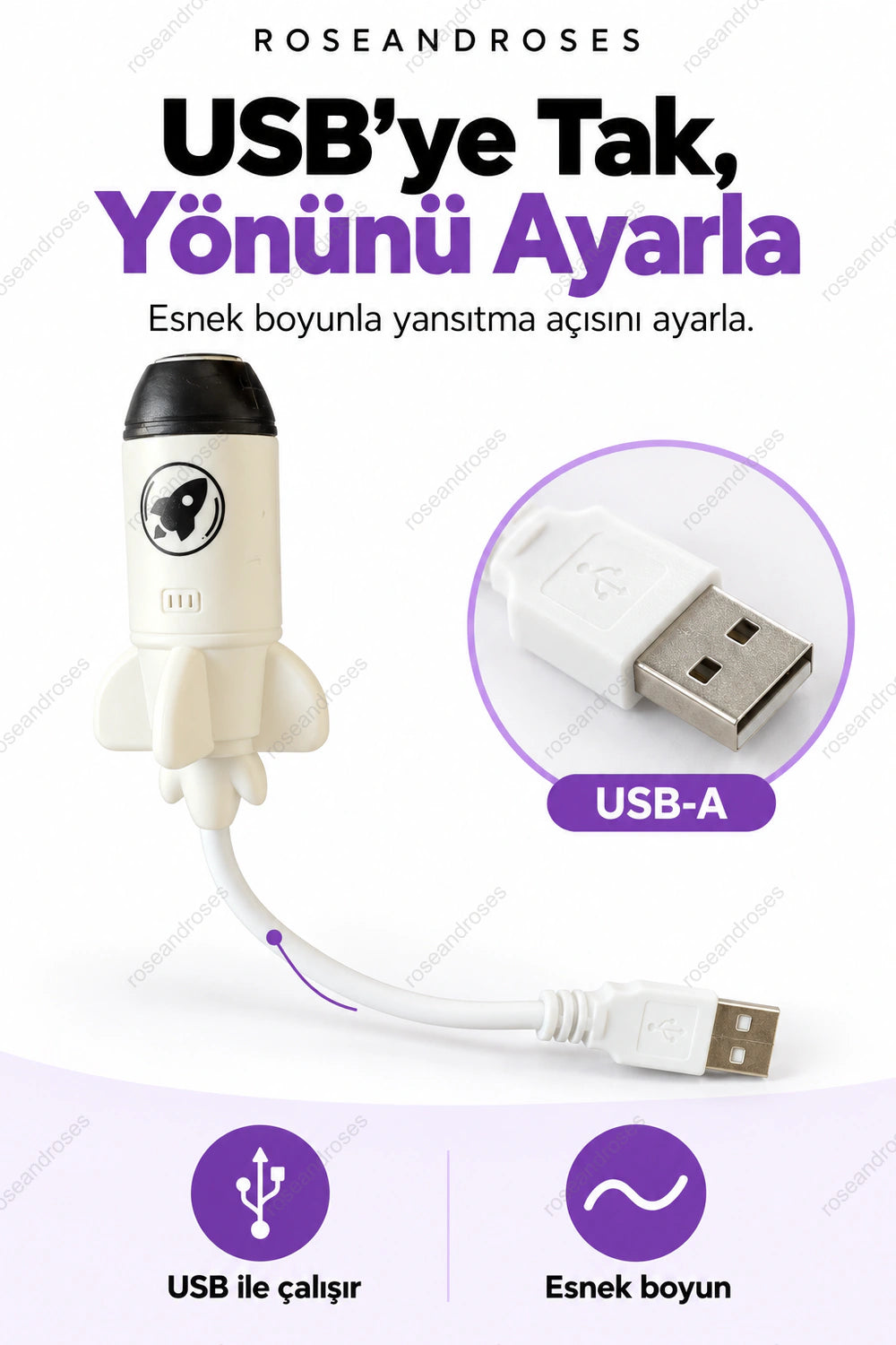 RocketDream USB-A bağlantı ucu ve esnek boyun detayı