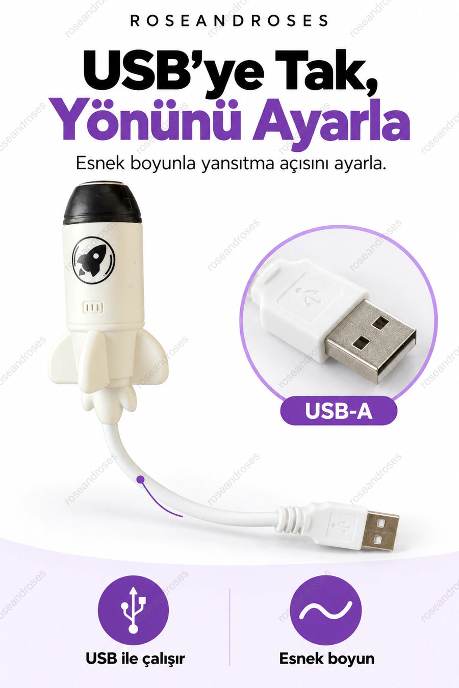 RocketDream USB-A bağlantı ucu ve esnek boyun detayı