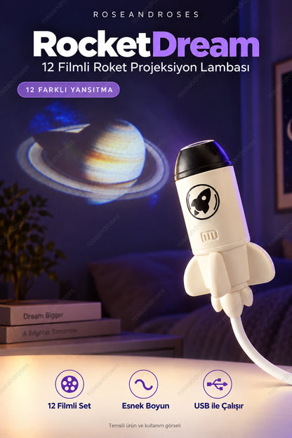 RocketDream 12 filmli roket projeksiyon lambası; Satürn desenli temsilî kullanım sahnesi ve ROSEANDROSES filigranı, USB ucu kadraj dışında