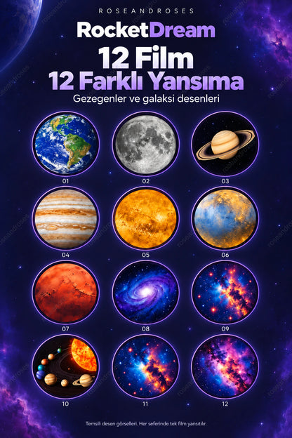 RocketDream için 12 film deseninin temsilî görsel galerisi; gezegen ve galaksi desenleri, ROSEANDROSES filigranlı. Her seferinde tek film yansıtılır.