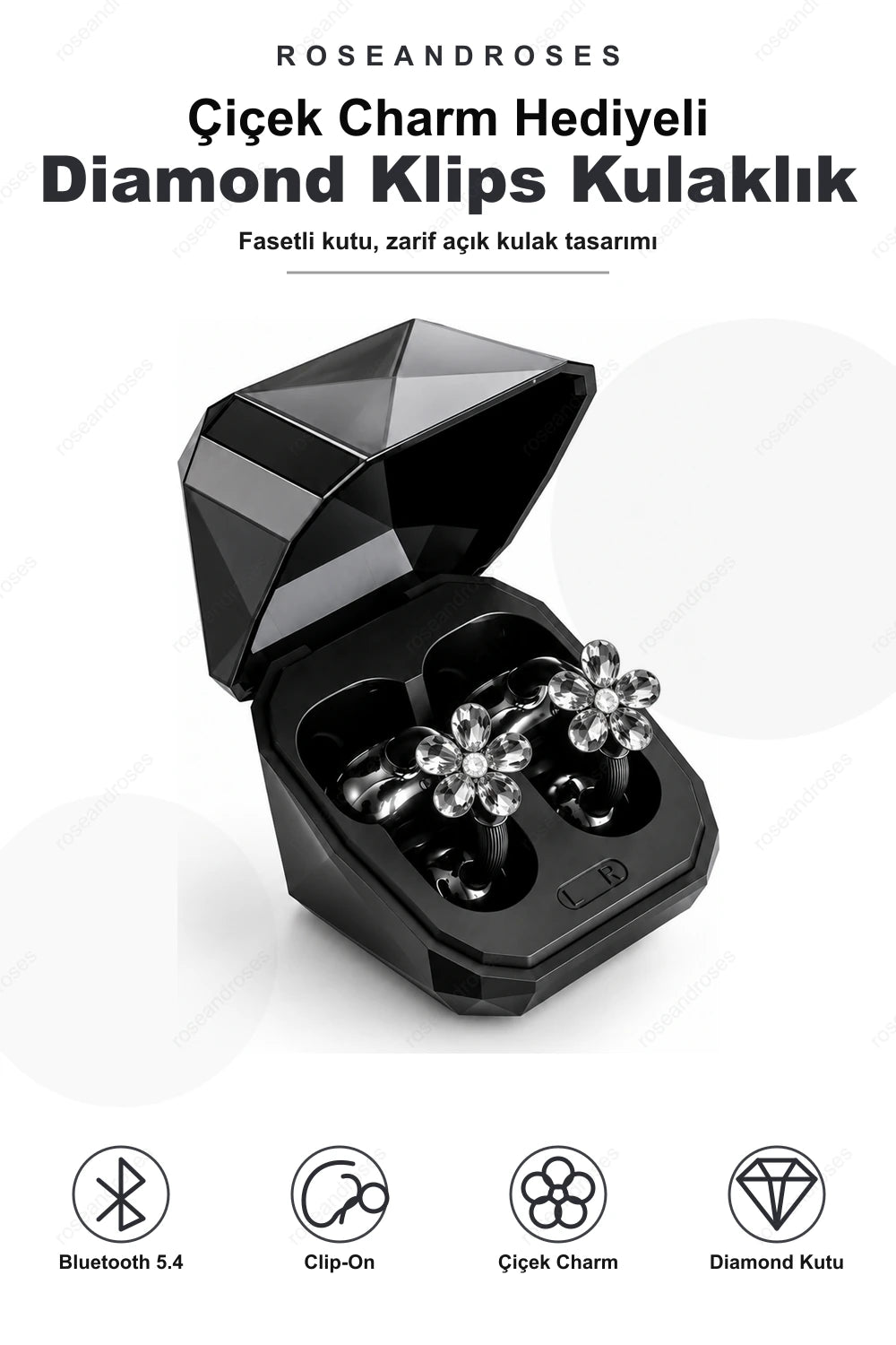 Çiçek Charm Hediyeli Diamond Kutulu Clip-On Kablosuz Kulaklık (Siyah)
