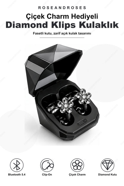 Çiçek Charm Hediyeli Diamond Kutulu Clip-On Kablosuz Kulaklık (Siyah)