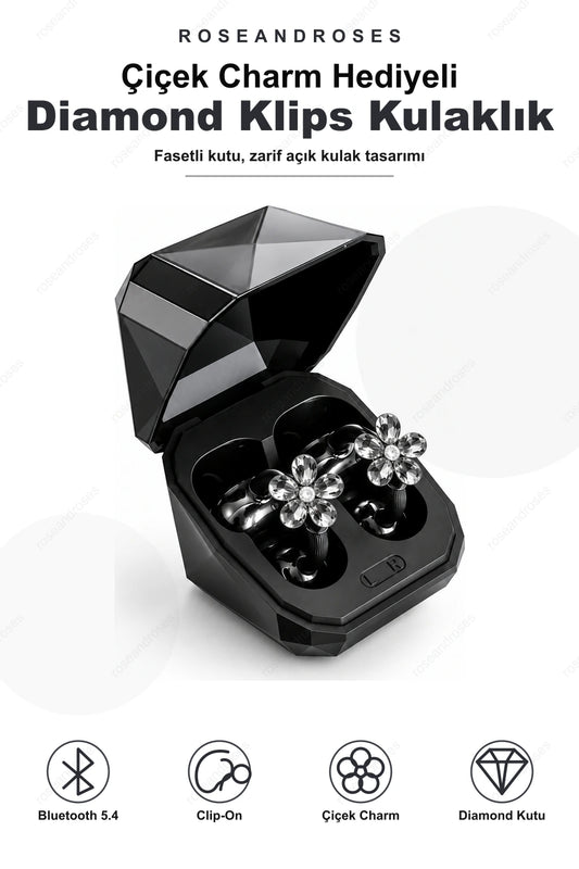 Çiçek Charm Hediyeli Diamond Kutulu Clip-On Kablosuz Kulaklık (Siyah)