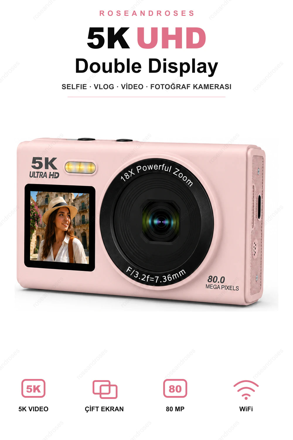ROSEANDROSES 5K UHD Double Display kamera pembe - beyaz arka planlı ürün görseli