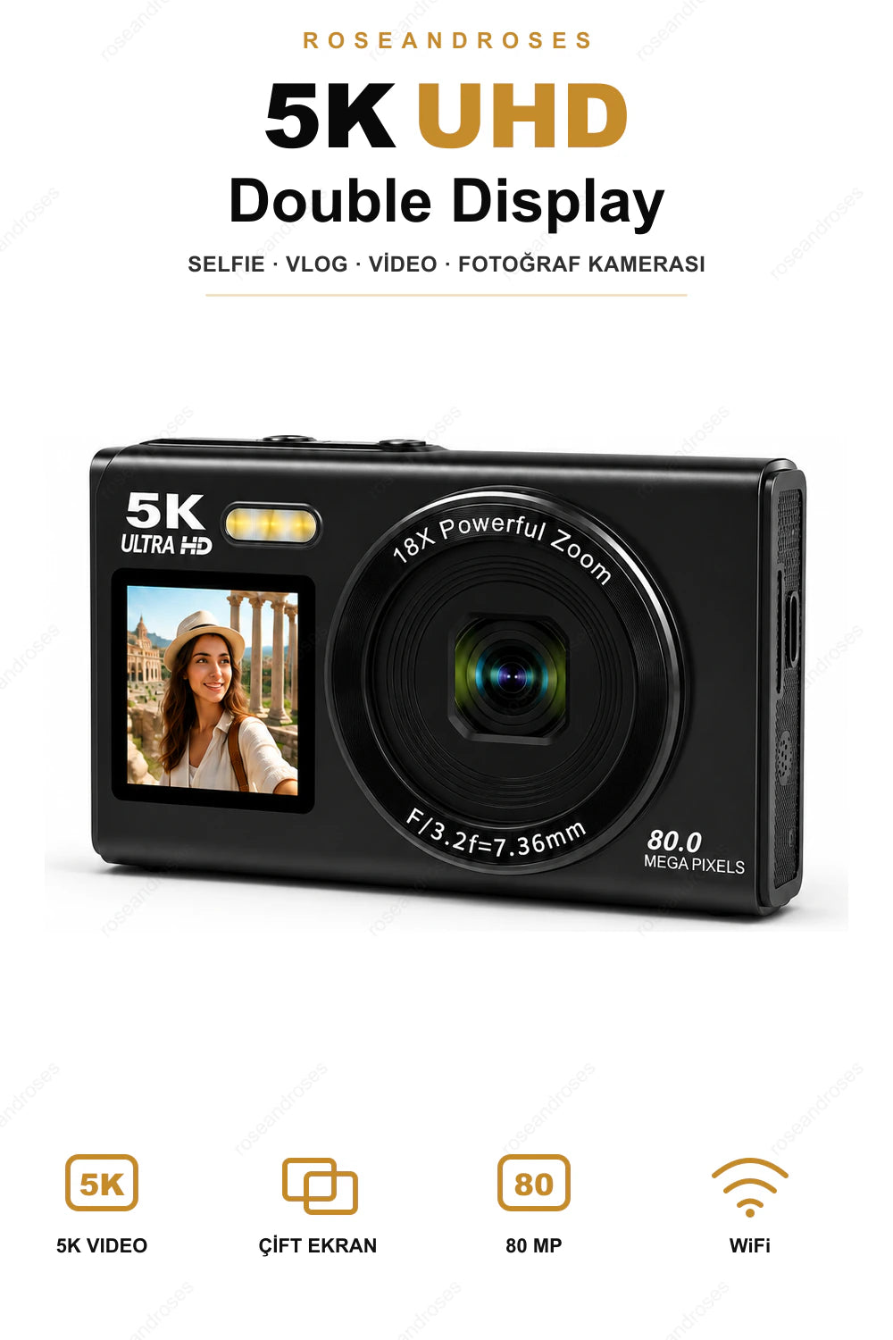 ROSEANDROSES 5K UHD Double Display kamera siyah - beyaz arka planlı ürün görseli