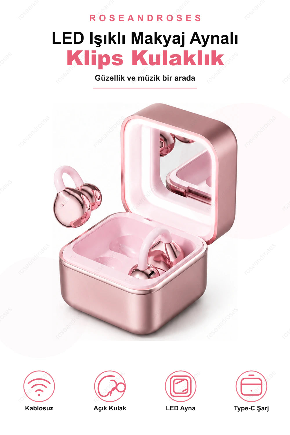 Led Işıklı Makyaj Aynalı Klips Tasarım Kablosuz Kulaklık (Pembe)