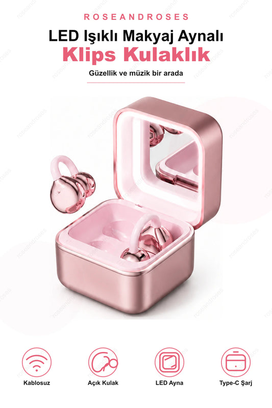 Led Işıklı Makyaj Aynalı Klips Tasarım Kablosuz Kulaklık (Pembe)
