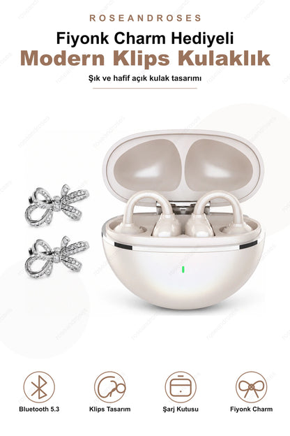 Fiyonk Charm Hediyeli Modern Klips Tasarımlı Kablosuz Kulaklık (Krem>Kahve)
