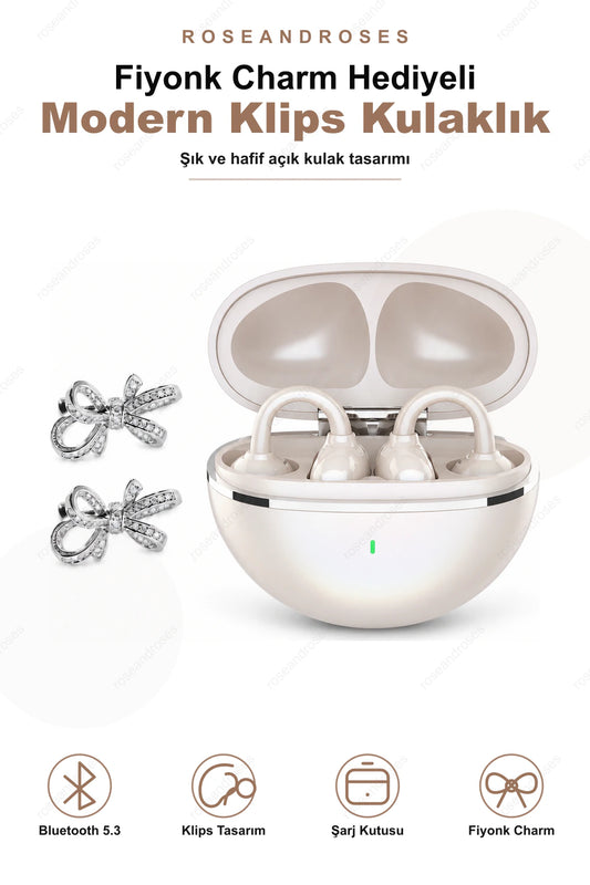 Fiyonk Charm Hediyeli Modern Klips Tasarımlı Kablosuz Kulaklık (Krem>Kahve)