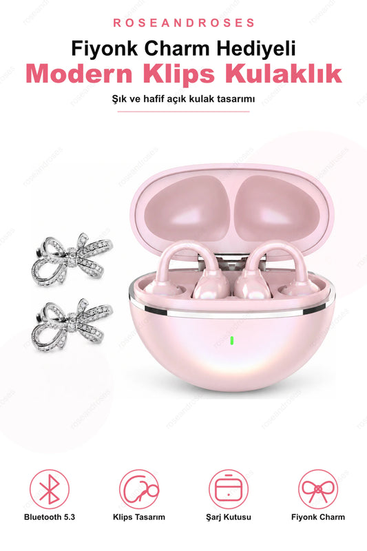 Fiyonk Charm Hediyeli Modern Klips Tasarımlı Kablosuz Kulaklık (Pembe)