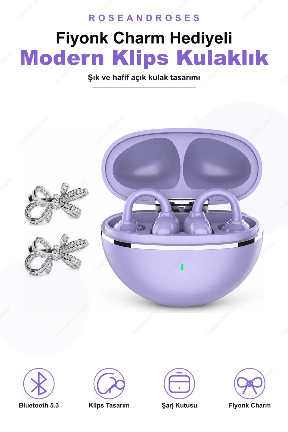 Fiyonk Charm Hediyeli Modern Klips Tasarımlı Kablosuz Kulaklık (Mor)