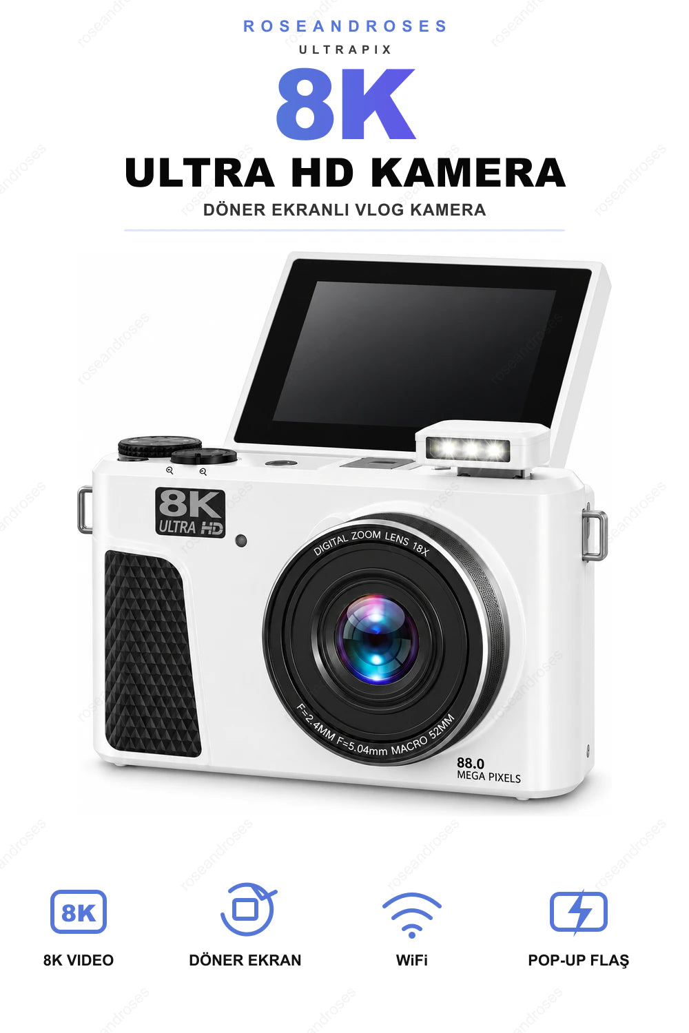 ROSEANDROSES UltraPix 8K vlog kamera beyaz - beyaz arka planlı ürün görseli
