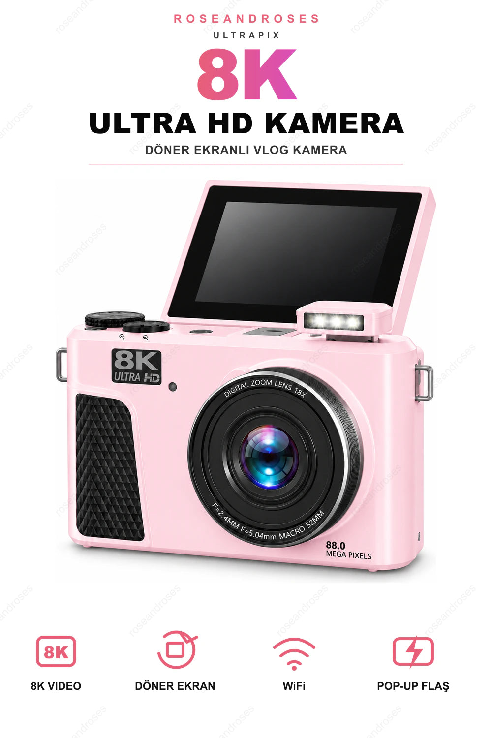 ROSEANDROSES UltraPix 8K vlog kamera pembe - beyaz arka planlı ürün görseli