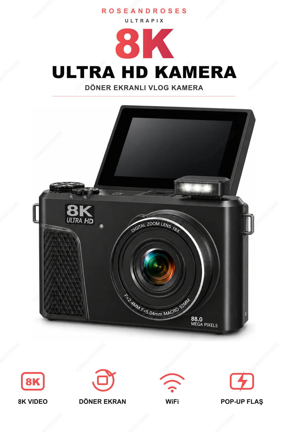 ROSEANDROSES UltraPix 8K vlog kamera siyah - beyaz arka planlı ürün görseli