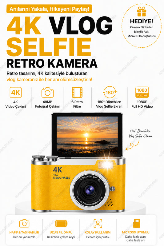 4K Retro Kamera Dönen Ekran Flaşlı Selfie Video Vlog Kamerası (Sarı)