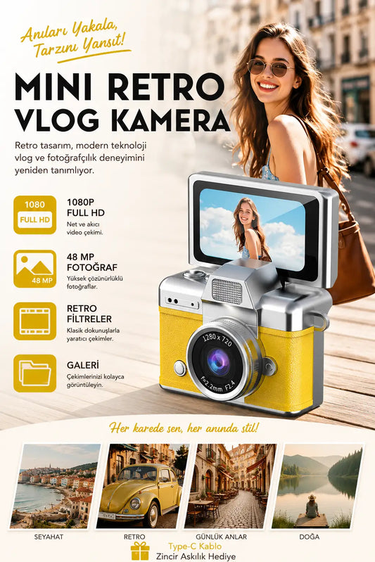 Mini Kamera Dönen Ekran Flaşlı Selfie Video Vlog Kamerası Anahtarlık 1080P+48MP (Sarı)