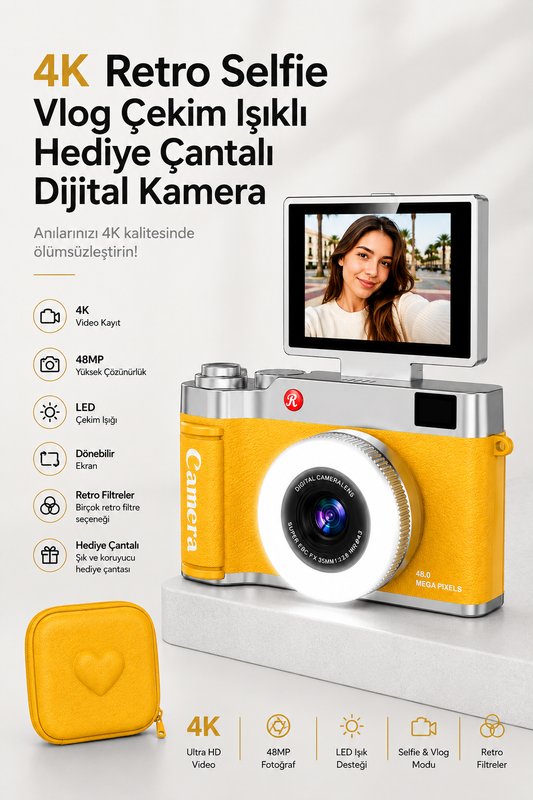 4K Retro Selfie Vlog Çekim Işıklı Hediye Çantalı Dijital Kamera (Sarı)