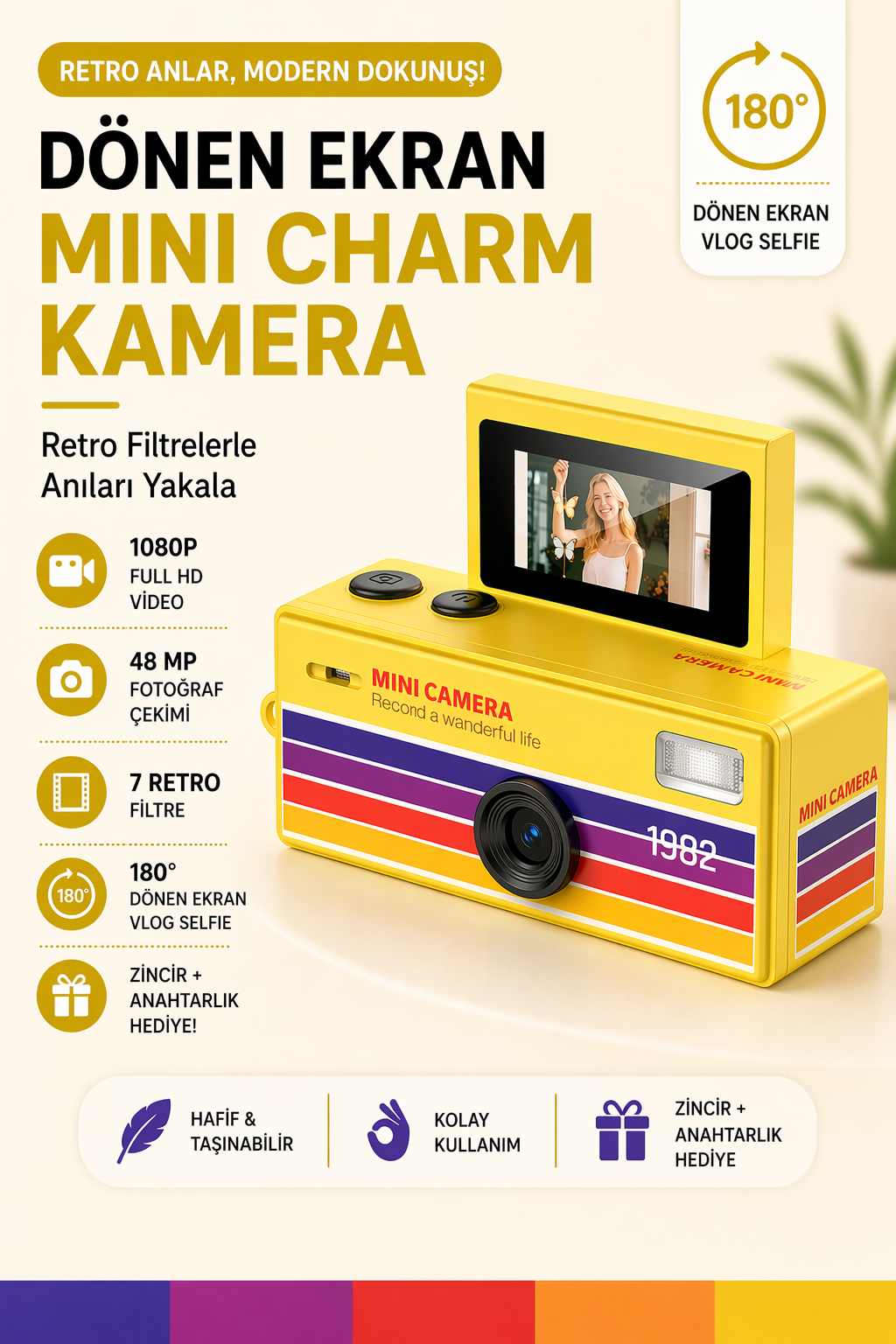 Mini Charm Kamera Dönen Ekran Flaşlı Selfie Video Vlog Kamerası 1080P+48MP (Sarı)