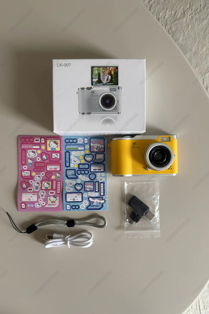 4K Retro Kamera Dönen Ekran Flaşlı Selfie Video Vlog Kamerası (Sarı)