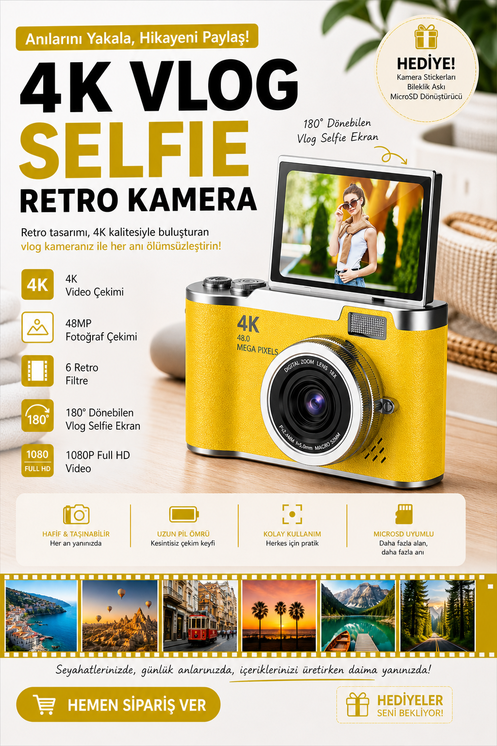 Sticker Hediyeli Retro Kamera Dönen Ekran Flaşlı Selfie Video Vlog Kamerası 4K+48MP (Sarı)