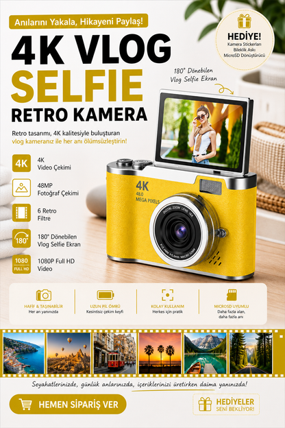 Sticker Hediyeli Retro Kamera Dönen Ekran Flaşlı Selfie Video Vlog Kamerası 4K+48MP (Sarı)