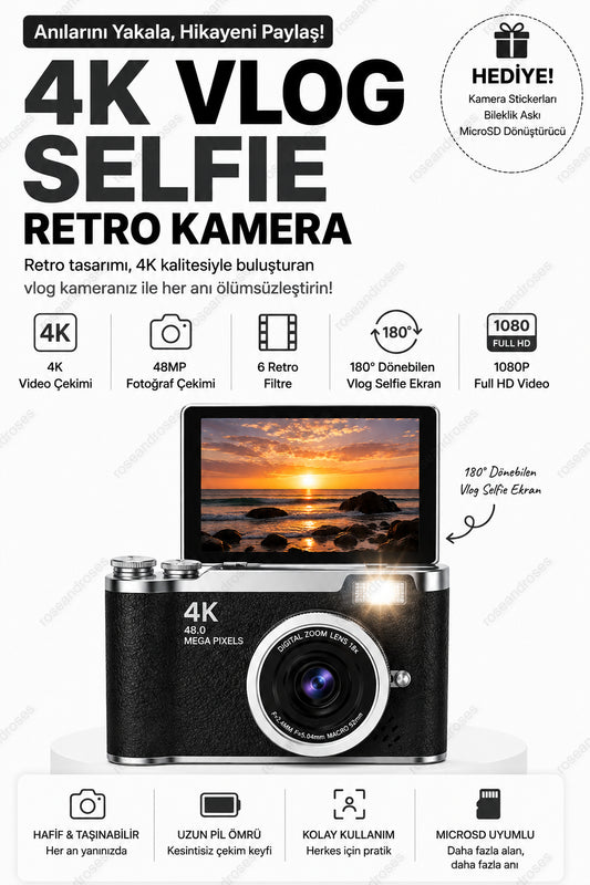 4K Retro Kamera Dönen Ekran Flaşlı Selfie Video Vlog Kamerası (Siyah)