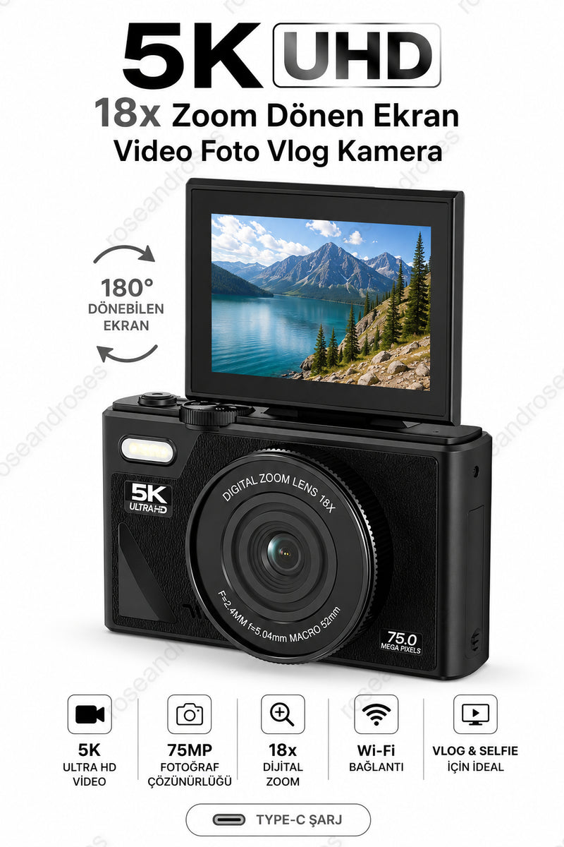5K UHD 18x Zoom Dönen Ekran Video Foto Vlog Kamera (Siyah)