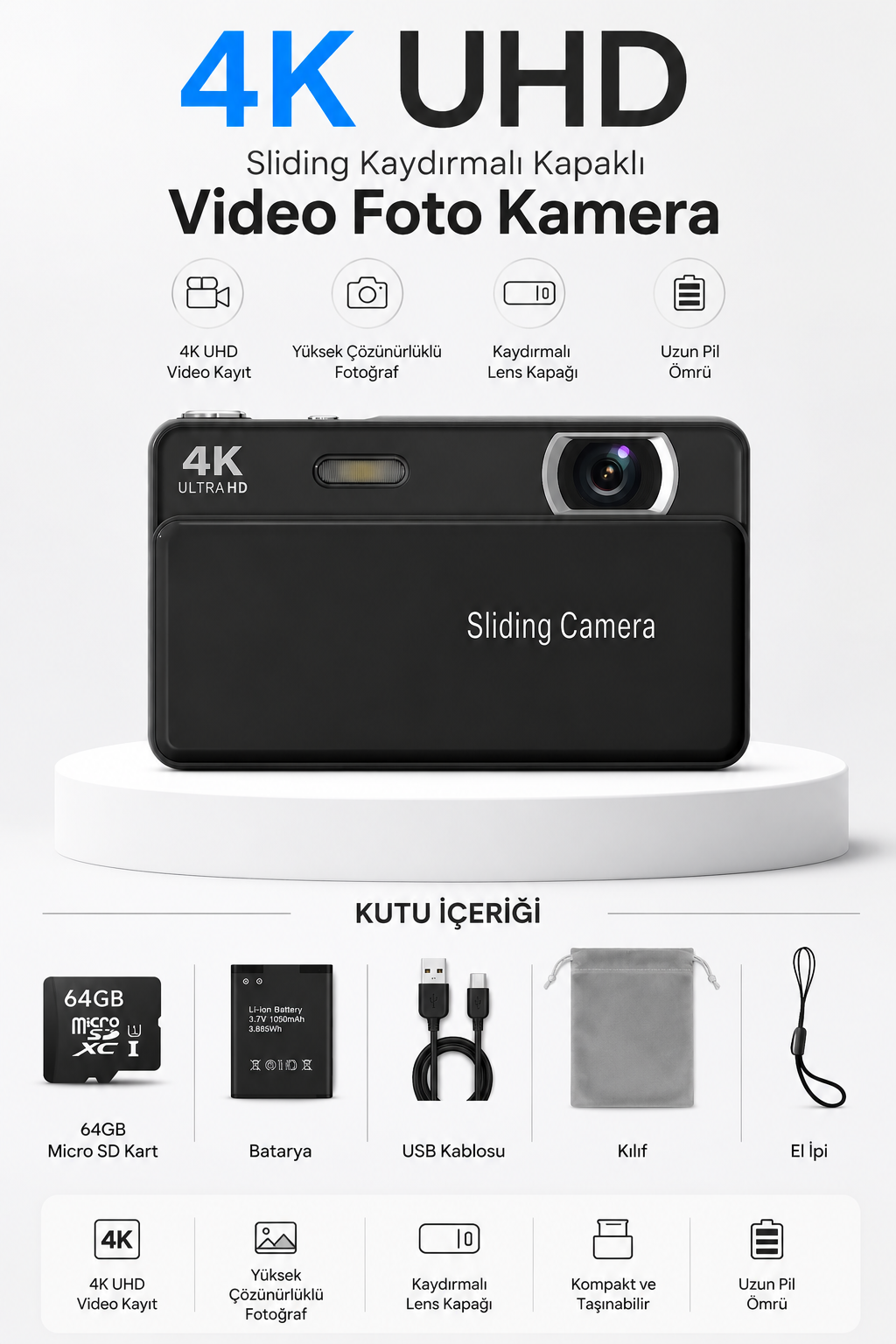 4K UHD Sliding Kamera – Kaydırmalı Lens Kapaklı Video Foto Kamera (Siyah)