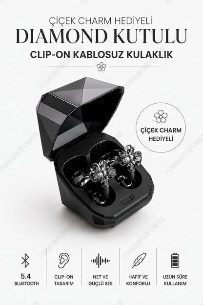 Çiçek Charm Hediyeli Diamond Kutulu Clip-On Kablosuz Kulaklık (Siyah)